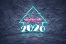 2020 Christmas As Neon Lights On Stone Wall With Modern Dessign
