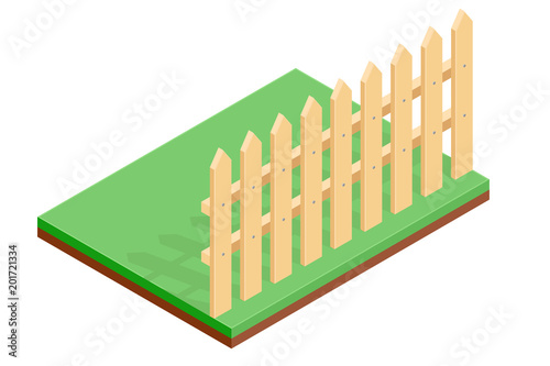 Wooden fence on green ground. Isometric drawing Poster Mural XXL