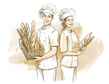 Bakers (man And Woman) Holding Basket With Breads. Hand Drawn Vector Illustration On Artistic Watercolor Background.