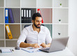 © Maksymiv Iurii - Cheerful young handsome modern director working on a laptop in his large bright office.