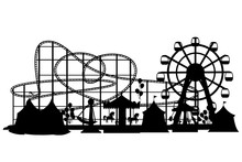 Black Silhouette. Amusement Park. Cartoon Style Design. Roller Coaster, Carousel, Pirate Ship And Red Tents. Vector Illustration On White Background. Web Site Page And Mobile App Design
