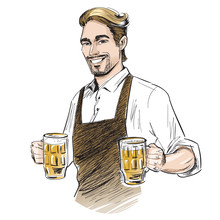 Smiling Bartender Holding Beer.  Hand Drawn Vector Illustration Isolated On White.