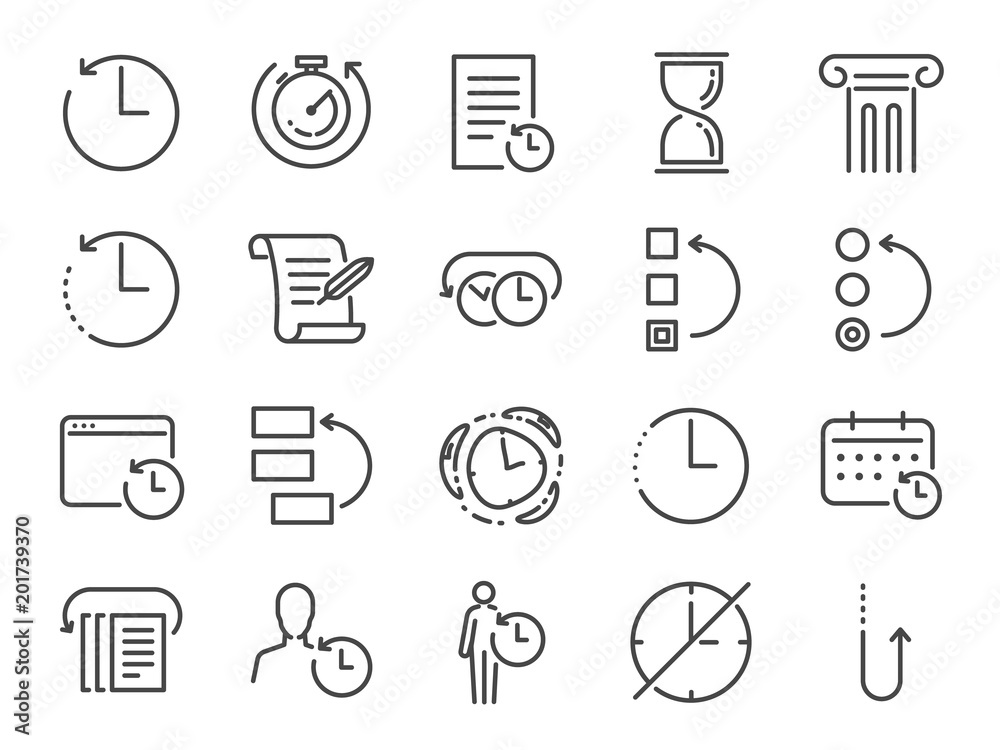 History and time management icon set. Included the icons as Anti-Aging, revert, time, reverse, u-turn, time machine, waiting, reschedule and more
 - obrazy, fototapety, plakaty 