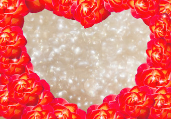 Wall Mural - Red roses flowers photo frame with blank space in center, luxury background of pearl bokeh and red rose flower at the border.