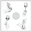 Set of sketches of hands with glass and bottle of wine, sommelier. Vector illustration isolated on white