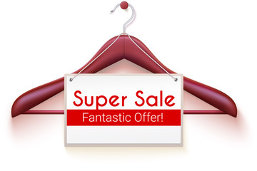 Poster - Super sale, poster with text design. Tag hanging on hanger for clothes. Offer about fantastic discounts. Advertising poster for shopping events, 3D illustration.
