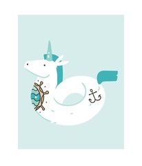 Wall Mural - Hand drawn vector abstract graphic creative cartoon illustrations icon with simple unicorn swimming pool float buoy ring with old school tattoo isolated on white background