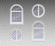 Set of closed round and arched windows with transparent glass in a white frame. Isolated on a transparent background. Vector