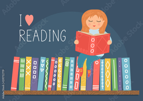 I Love Reading Little Girl Reading Book On Bookshelf Cute Vector