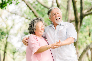 Happy senior Asian couple dancing in the park