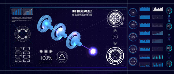 Poster - HUD UI style. Industrial aerospase blueprint. Vector illustration of future engineering with infographics and Jet engine statistics with parts of mechanisms. Hud sets.