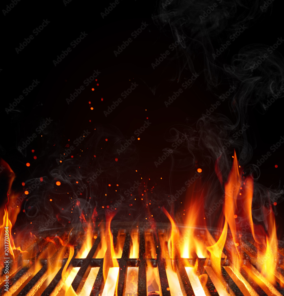 Grill Background - Empty Fired Barbecue On Black
 - obrazy, fototapety, plakaty 