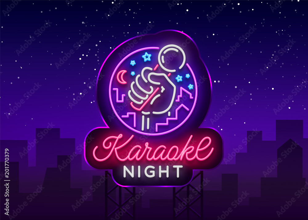Karaoke night vector. Neon sign, luminous logo, symbol, light banner. Advertising bright night karaoke bar, party, disco bar, night club. Live music. Design template. Billboard - obrazy, fototapety, plakaty 