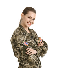 Wall Mural - Female soldier on white background. Military service