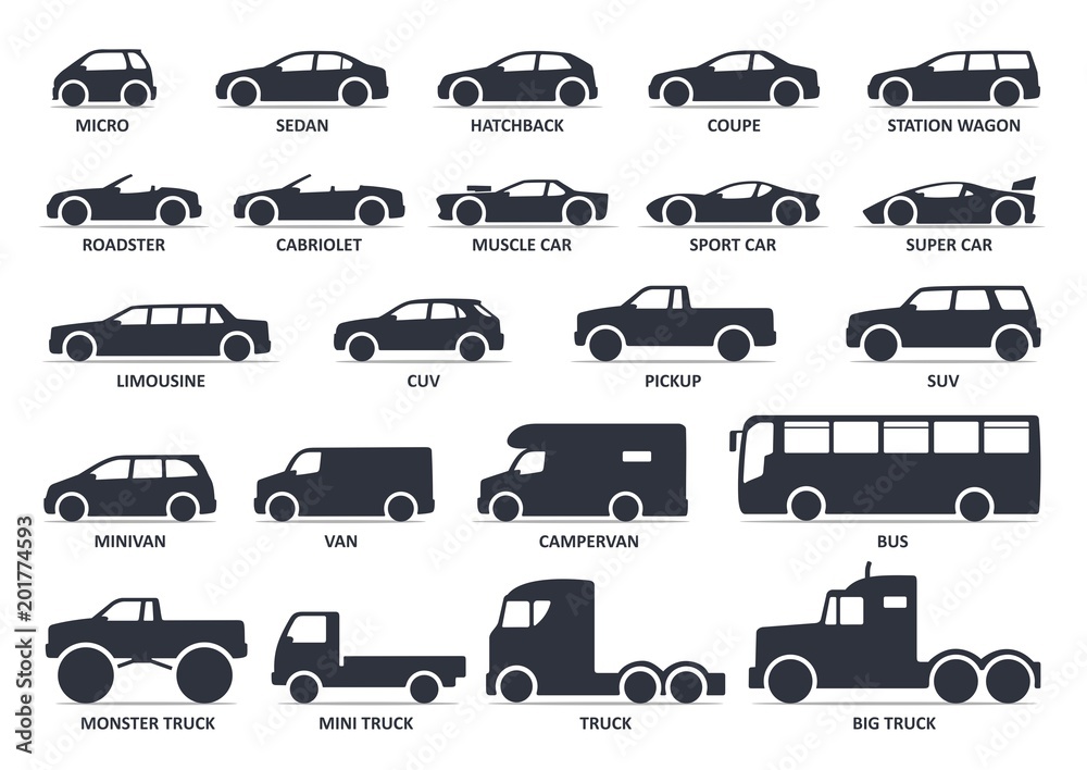 Car type icons set. Model automobile. Vector black illustration - obrazy, fototapety, plakaty 