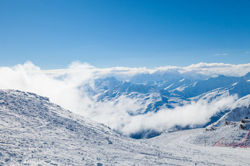 View from summit Cime de Caron (3200 m.) in Les Trois Vallees France, the Worlds largest skiing area.