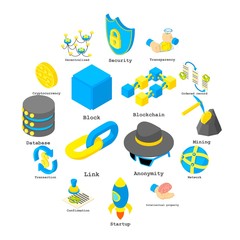 Poster - Blockchain crypto money icons set. Isometric illustration of 16 blockchain crypto money vector icons for web