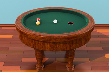 Poster - Elliptical billiard table with balls in room on the wooden floor, 3D rendering