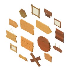 Poster - Signpost road wooden icons set. Isometric illustration of 16 signpost road wooden vector icons for web