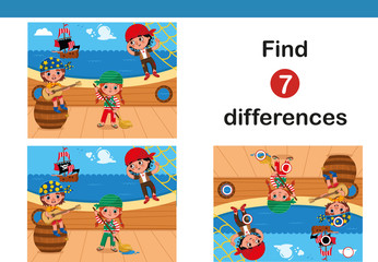 Wall Mural - Find 7 differences education game for children, featuring little pirates.(Vector illustration)