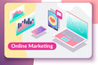 © YanaSh - Online marketing concept. Vector illustration with isometric laptop, smartphone, tablet, abstract graph and chart. Analytics for business growth. Marketing strategy for social media and network.
