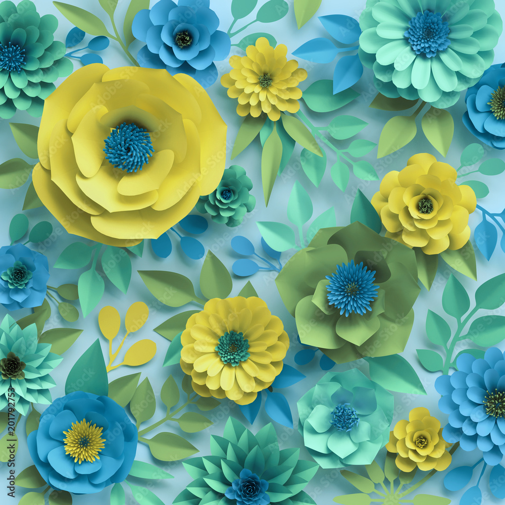 3d render, paper flowers, botanical background, floral wallpaper, turquoise  pattern, garden, mint blue yellow, spring summer nature, rose, daisy,  dahlia Stock Photo | Adobe Stock, image size:1000x1000