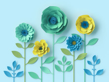 3d Render, Mint Blue Yellow Paper Flowers, Botanical Wallpaper, Spring Summer Background, Floral Design Elements, Rose, Daisy, Dahlia