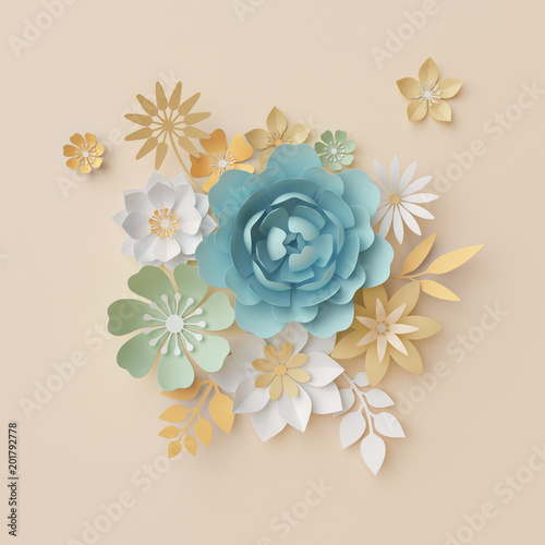 Download 3d Render Pastel Paper Flowers Botanical Background Beautiful Bouquet Floral Arrangement Nursery Wall Decor Blue Rose Peony Daisy Leaves Stock Photo Adobe Stock