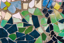 Multicolor Mosaic Wall Decorative Ornament From Ceramic Broken Tile. Background, Copy Space. Barcelona.