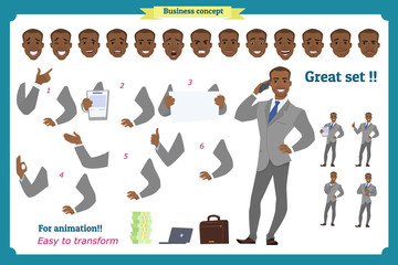 Wall Mural - Set of businessman presenting in various action.Happy young black  African men in business suit.People character. Standing. Face,body elements for design, animation work.Isolated vector on white. Flat