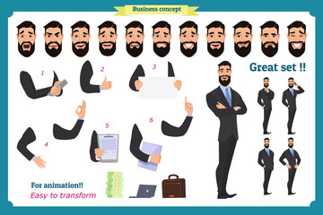 Wall Mural - Set of business man presenting in various action.Happy young black African men in business suit.People character.Isolated vector on white. Flat