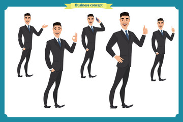 Wall Mural - Set of business man presenting in various action.Happy young black African men in business suit.People character.Isolated vector on white. Flat