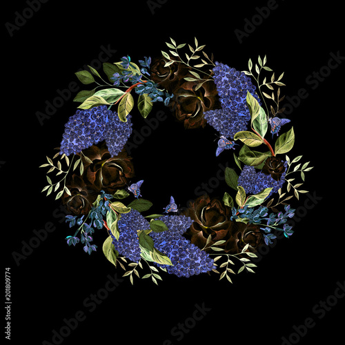 Beautiful, bright watercolor wreath with roses  and lilac.