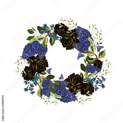 Beautiful, bright watercolor wreath with roses  and lilac.