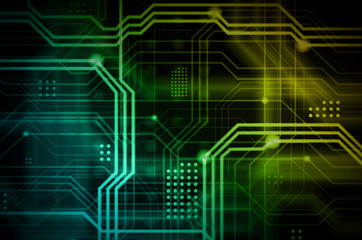 Poster - An abstract technological background consisting of a multitude of luminous guiding lines and dots forming a kind of physical motherboard. Yellow and green color