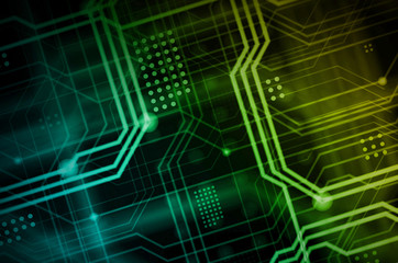 Poster - An abstract technological background consisting of a multitude of luminous guiding lines and dots forming a kind of physical motherboard. Yellow and green color