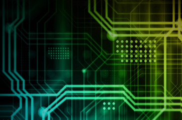 Poster - An abstract technological background consisting of a multitude of luminous guiding lines and dots forming a kind of physical motherboard. Yellow and green color
