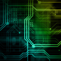 Poster - An abstract technological background consisting of a multitude of luminous guiding lines and dots forming a kind of physical motherboard. Yellow and green color
