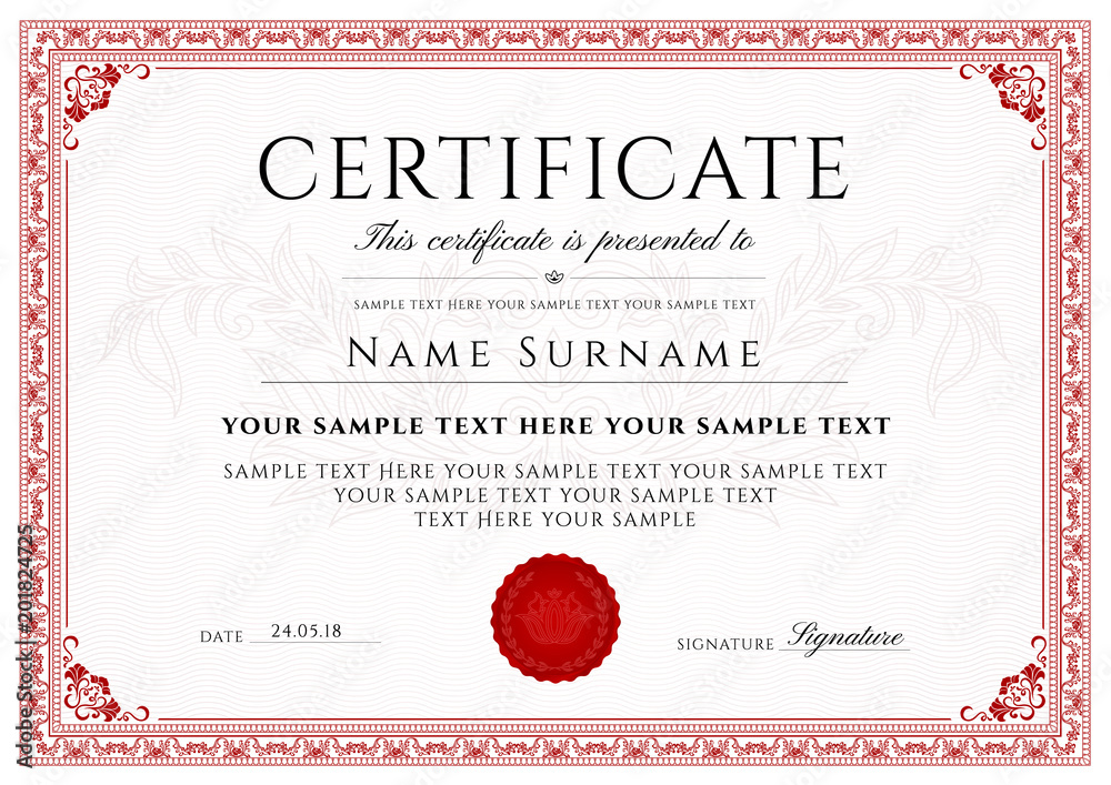 Certificate, Diploma of completion (design template, white background) with Frame, Border, light Guilloche pattern (watermark) - obrazy, fototapety, plakaty 