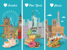 Set Of Vector Illustrations With French, American, English Cuisine. Food Poster For USA, UK, France. Meal In America And England. Menu For Great Britain Restaurant.