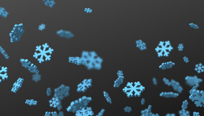 Poster - Abstract 3d rendering of flying snowflakes shapes. Winter background with bokeh effect. Design for poster, cover, branding, banner, placard.