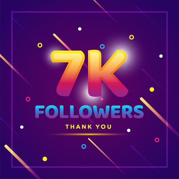 7k or 7000 followers thank you colorful background and glitters. Illustration for Social Network friends, followers, Web user Thank you celebrate of subscribers or followers and likes
