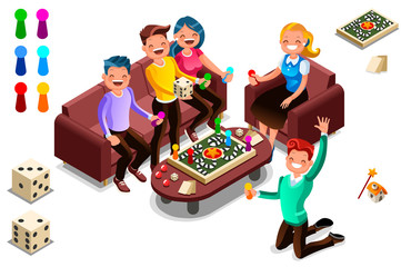 Adults leisure, board games isometric people activity. Cartoon illustration for web banner, infographics, hero images. Flat isometric characters, vector illustration isolated on white background.