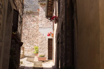 Wall Mural - Medieval street with plants and flowers (Spello, Umbria, Italy)