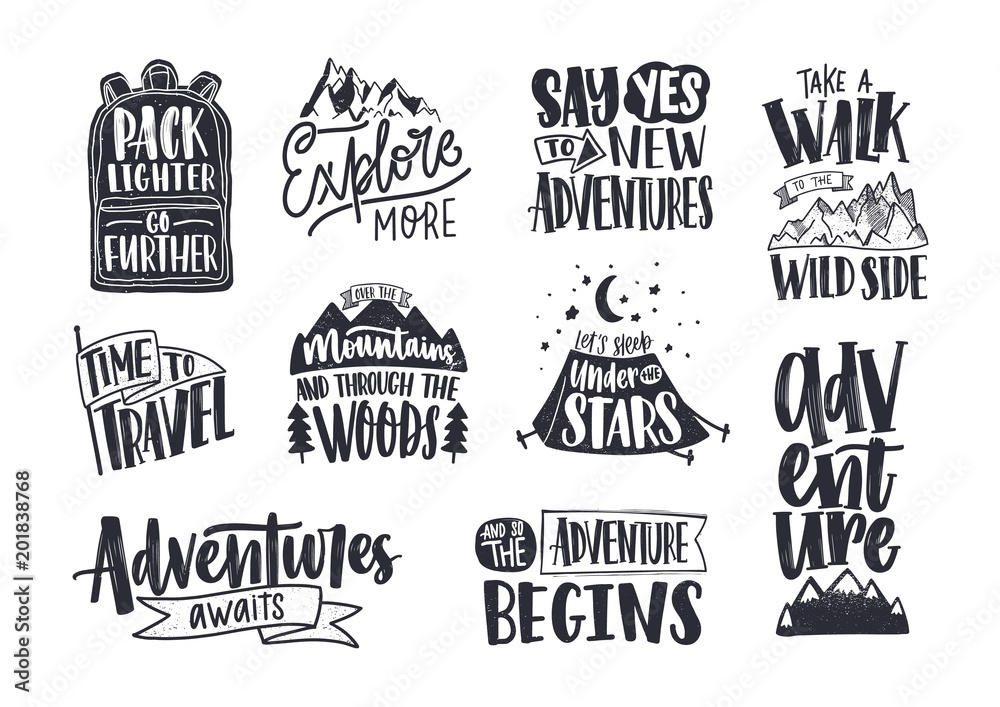 Collection of written phrases, slogans or quotes decorated with travel and adventure elements - backpack, mountain, camping tent, forest trees. Creative vector illustration in black and white colors. - obrazy, fototapety, plakaty 