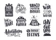 Collection of written phrases, slogans or quotes decorated with travel and adventure elements - backpack, mountain, camping tent, forest trees. Creative vector illustration in black and white colors.