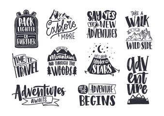 collection of written phrases, slogans or quotes decorated with travel and adventure elements - back
