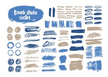 Bundle Of Blue And Gray Brush Strokes, Paint Traces, Smudges, Smears, Stains, Scribble Isolated On White Background. Collection Of Hand Drawn Decorative Design Elements. Artistic Vector Illustration.