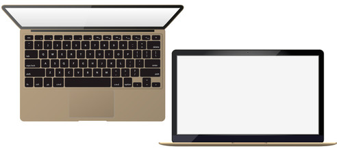Aufkleber - Vector Realistic gold laptop front and top view set .with transparent shadow Open laptop with blank screen isolated on background - vector illustration.