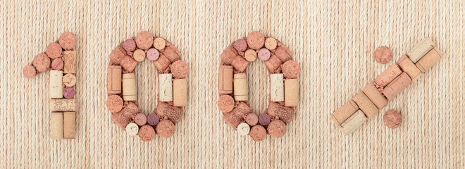 Wall Mural - Number hundred 100 %  percent made of wine corks on sea twine background. Sale Banner